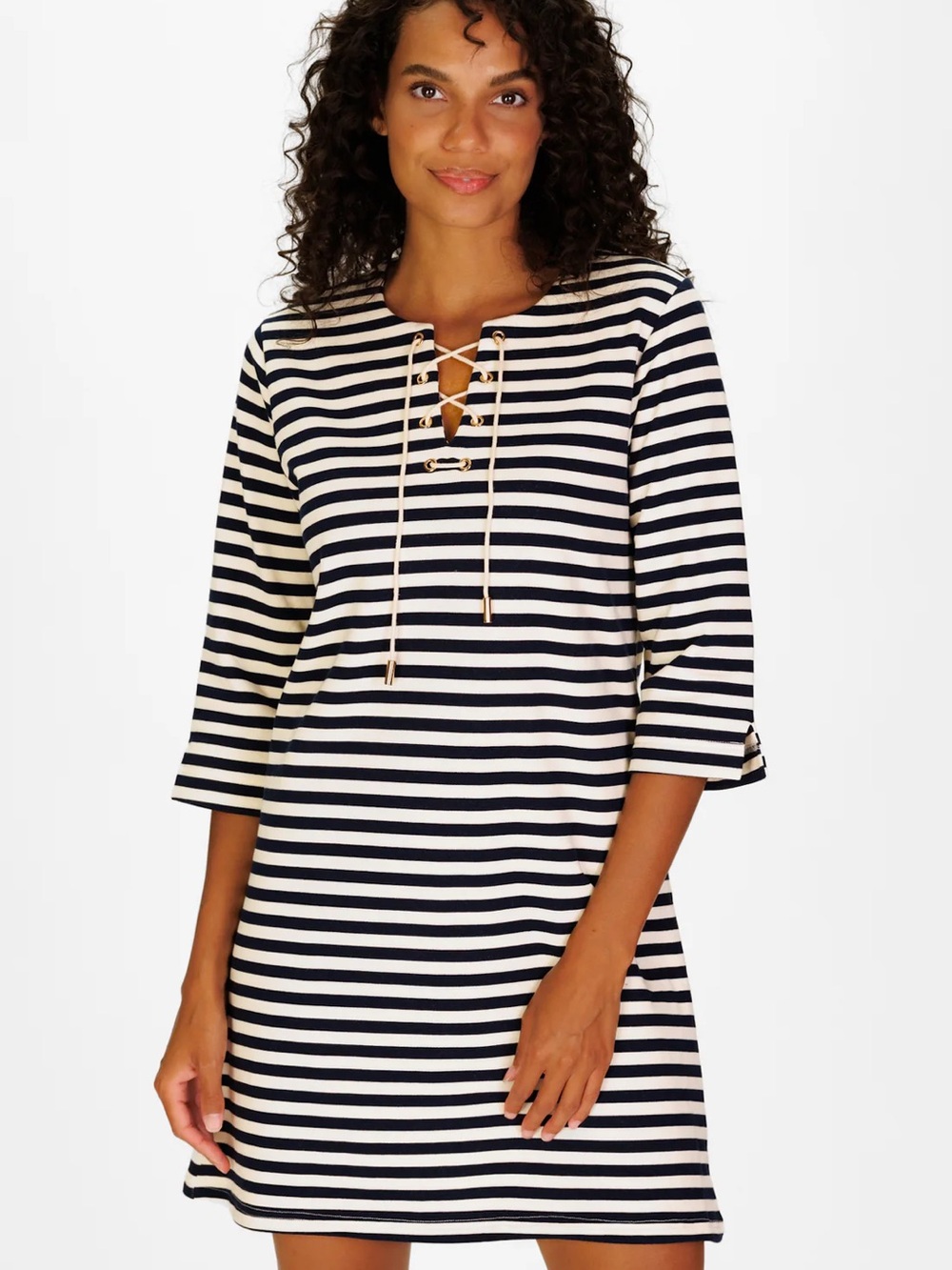 French Terry Teddy Dress In Navy & White Stripe